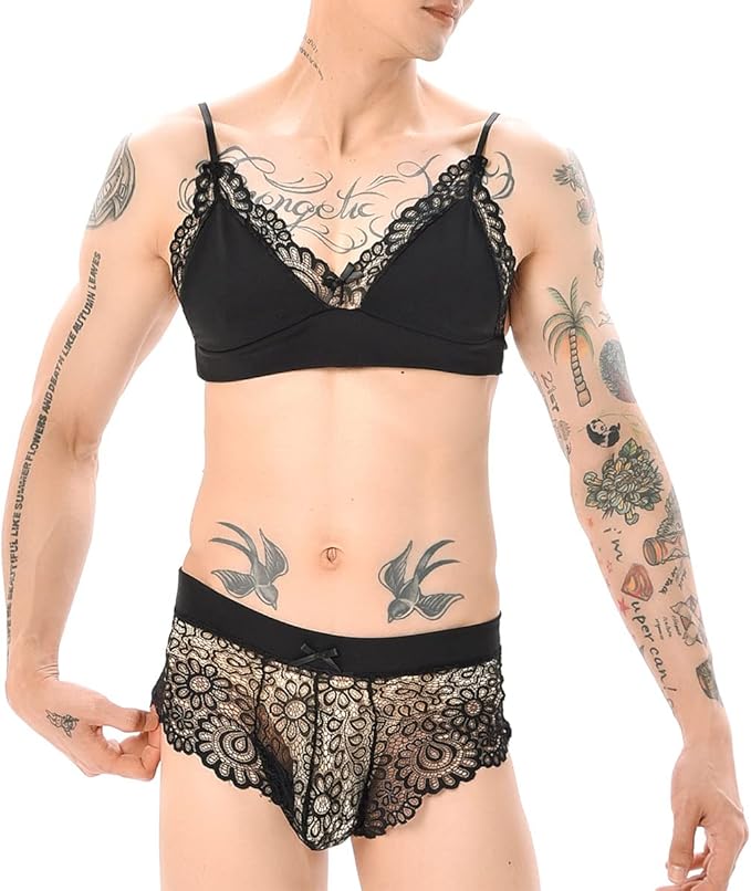 Image of Cross-border European and American Men Sexy Gay Sexy Bow Lace Bra Panties Temptation Boxers Pseudo-Girl Pajamas - black